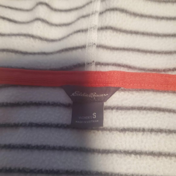 Eddie Bauer Size S Cream Black Striped Zip Fleece Hoodie Thumbholes TINY FLAW - Picture 5 of 10